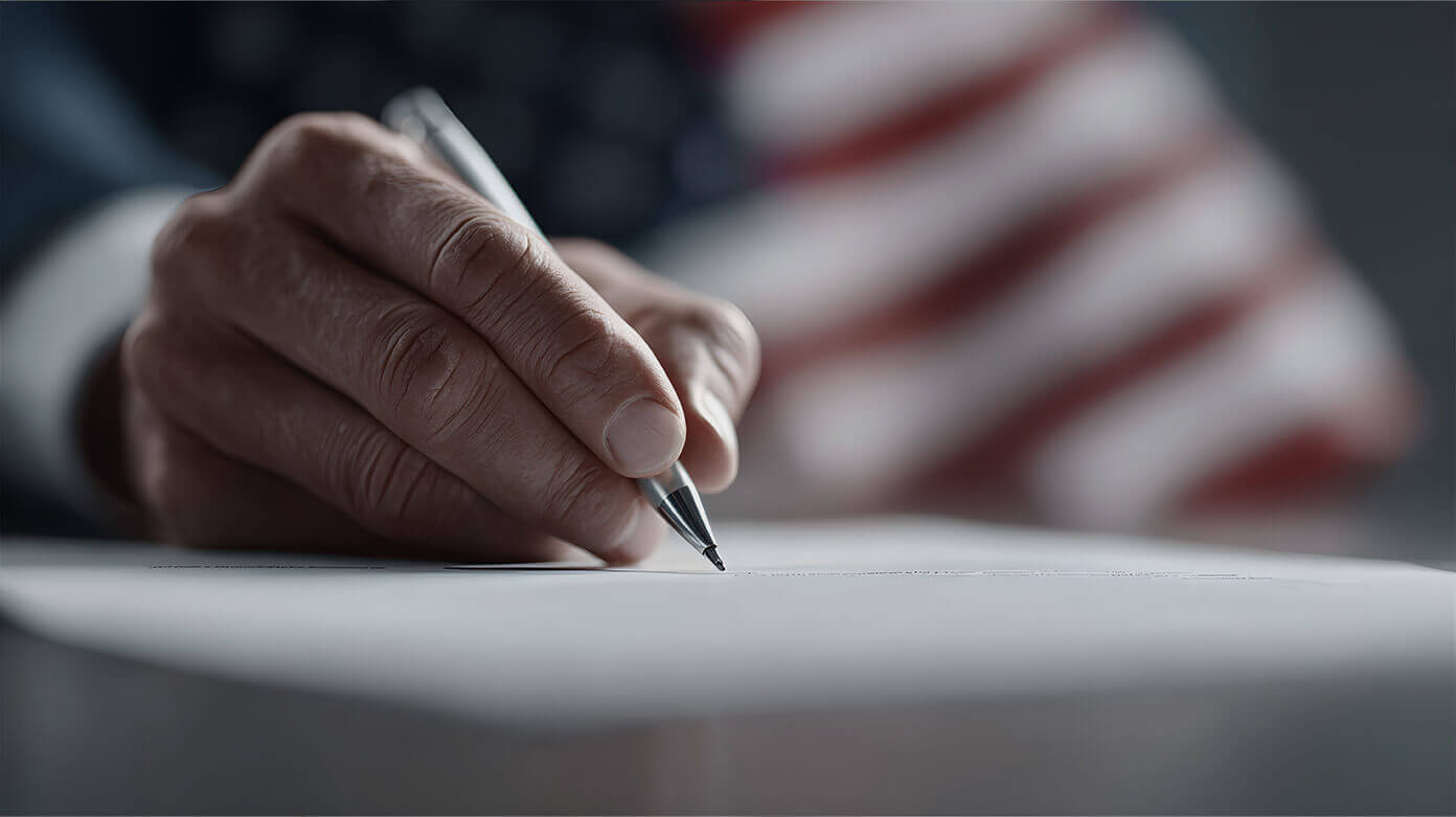 Hand unterschreibt Dokument zur Unternehmensgründung in den USA